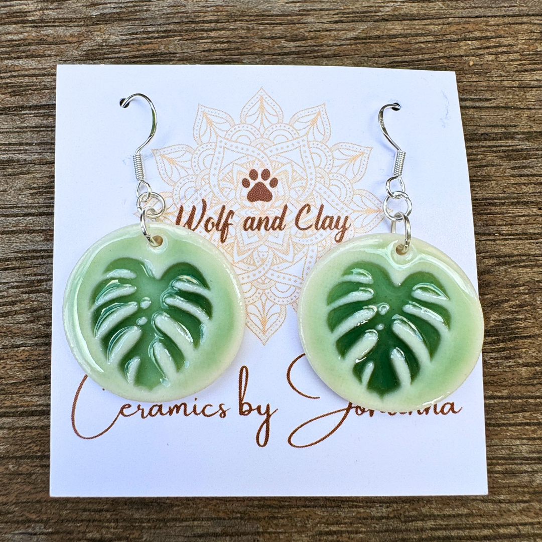 Porcelain Dangle Earrings - Monstera - Wolf and Clay