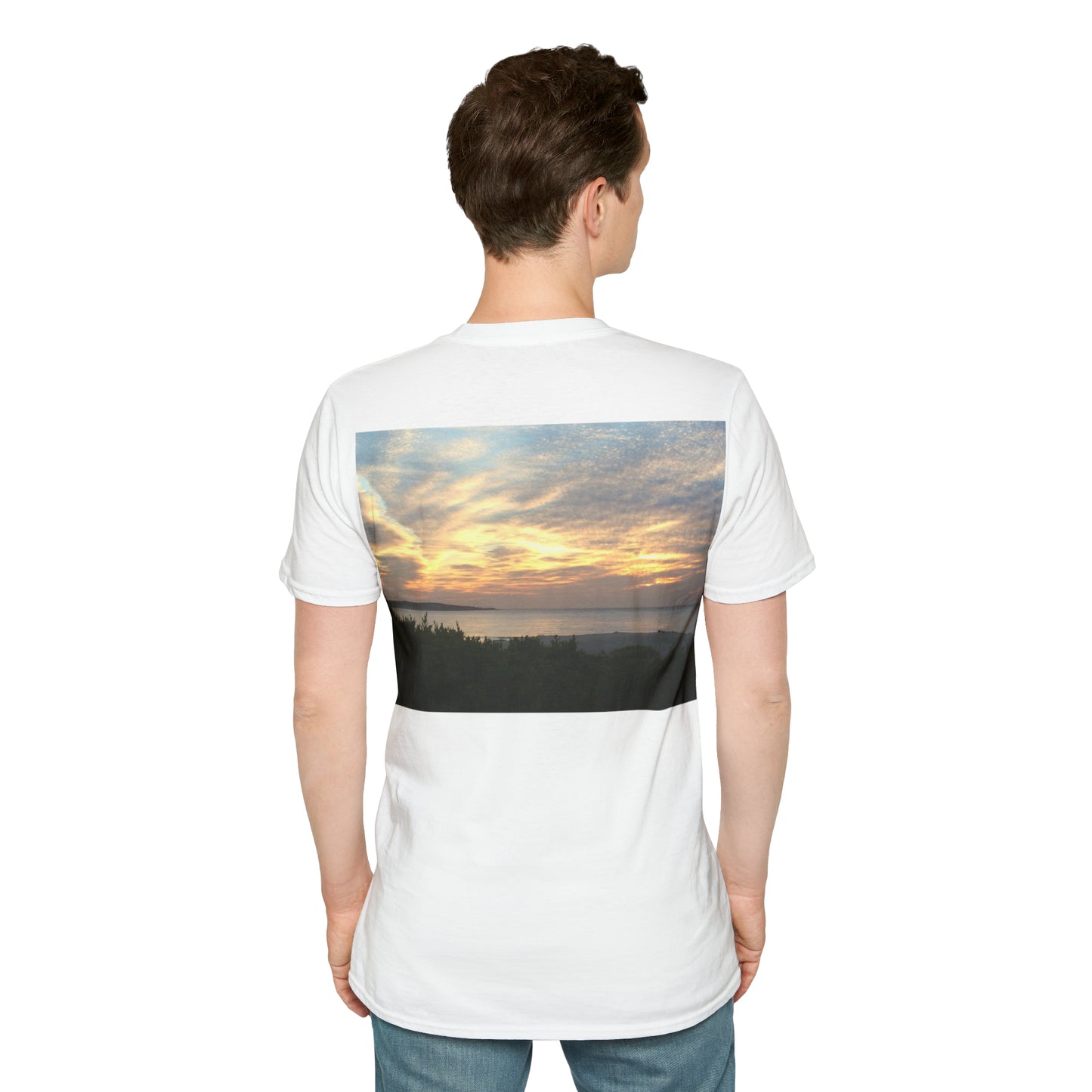 Standing male model wearing Cronulla Sunrise 'Pocket design' photo t shirt. Back of design features a photograph of the sun rising over Cronulla Beach through clouds. White t-shirt.