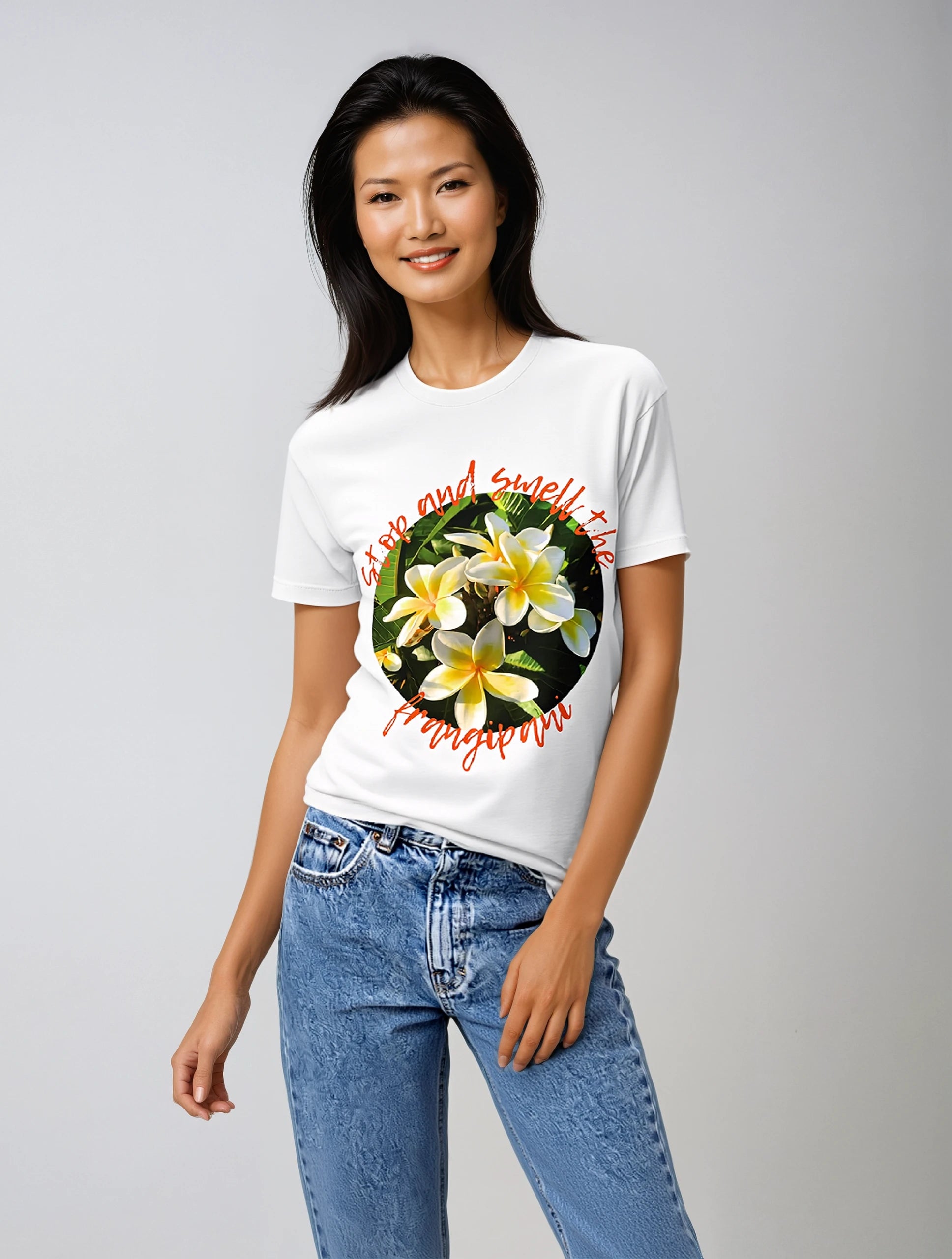 T-shirt Organic - Stop and smell the frangipani - Large Graphic - Front design only