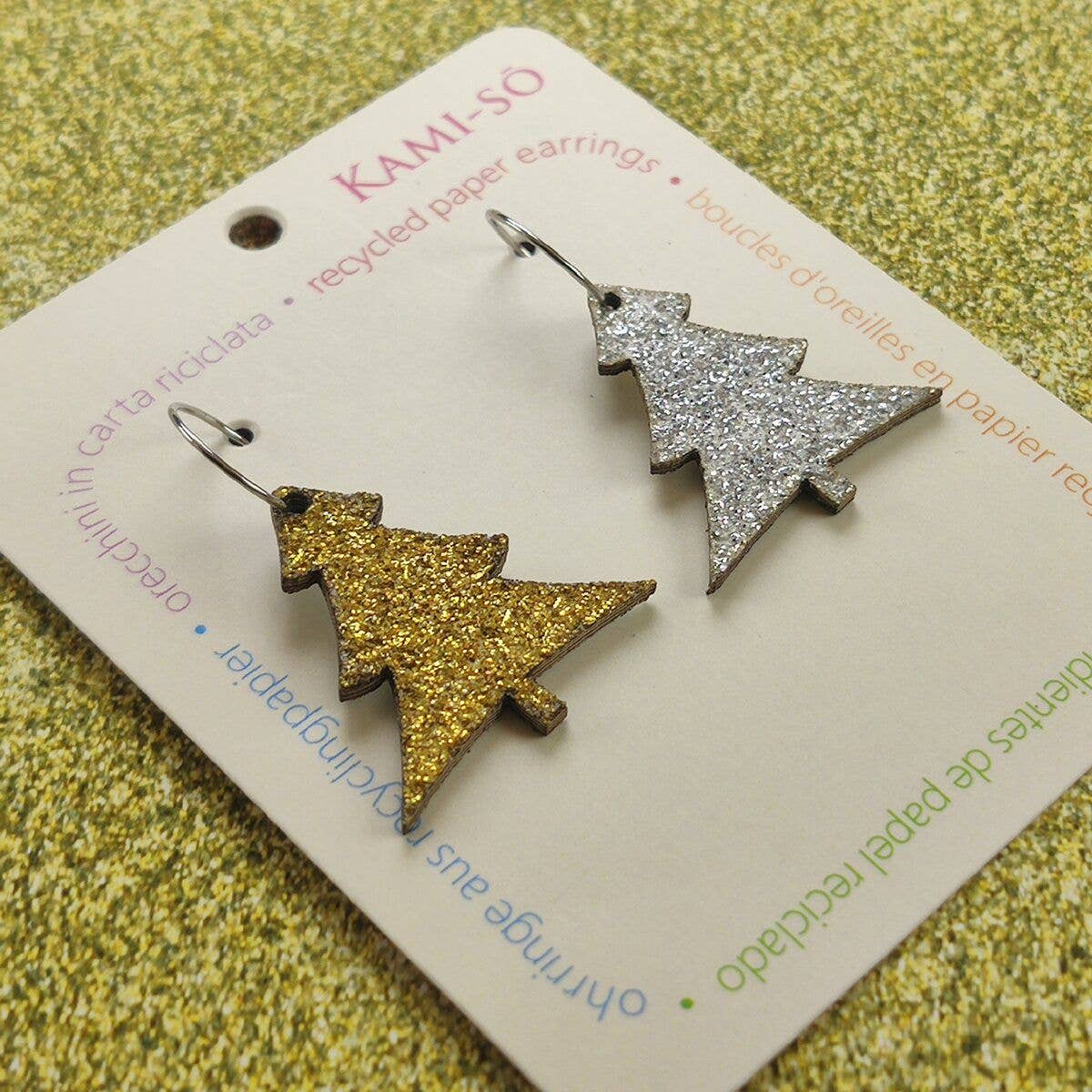 Reversible Christmas Tree Recycled Paper Earrings - Silver Sparkle / Gold Sparkle