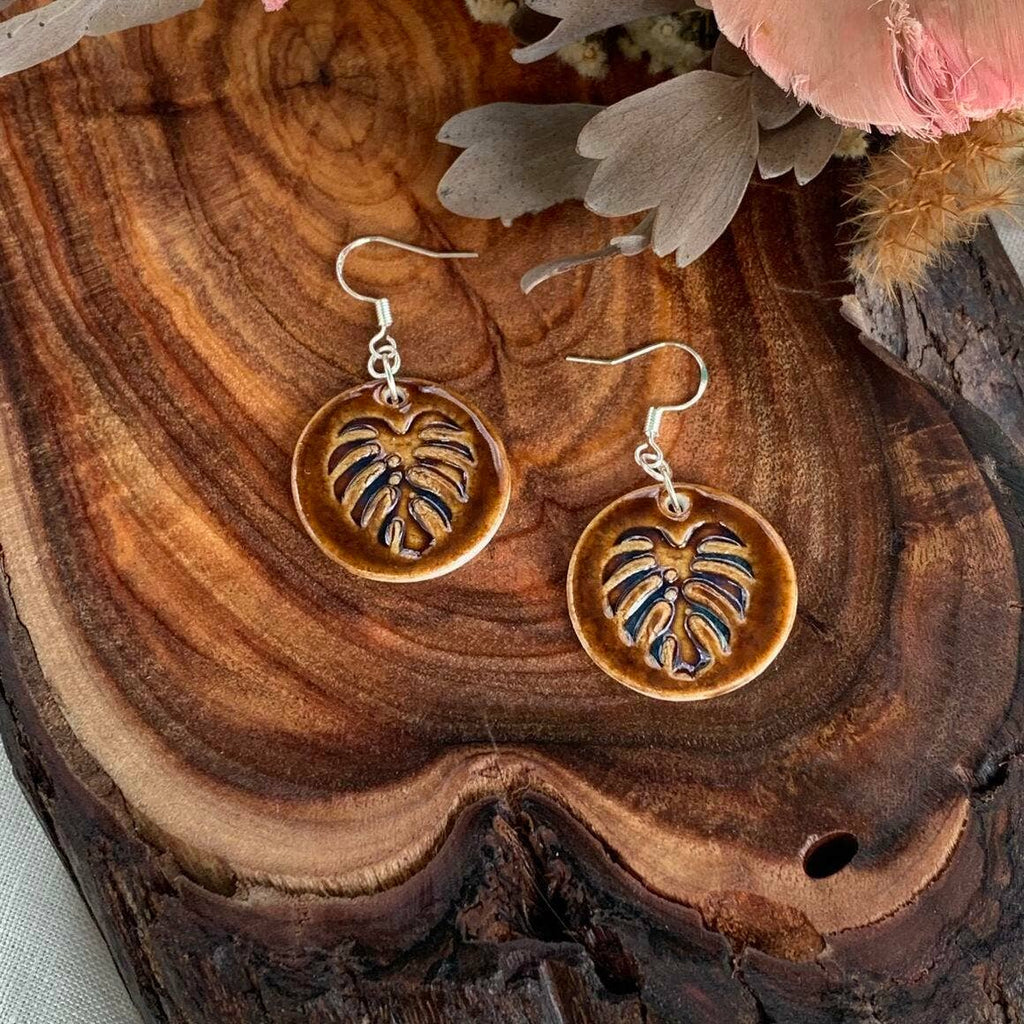Porcelain Dangle Earrings - Monstera - Wolf and Clay