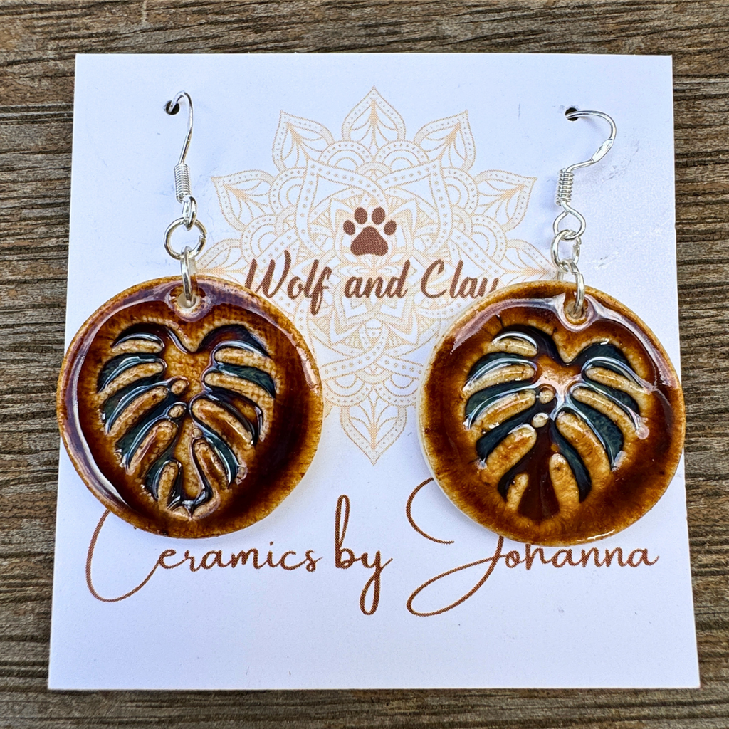 Porcelain Dangle Earrings - Monstera - Wolf and Clay