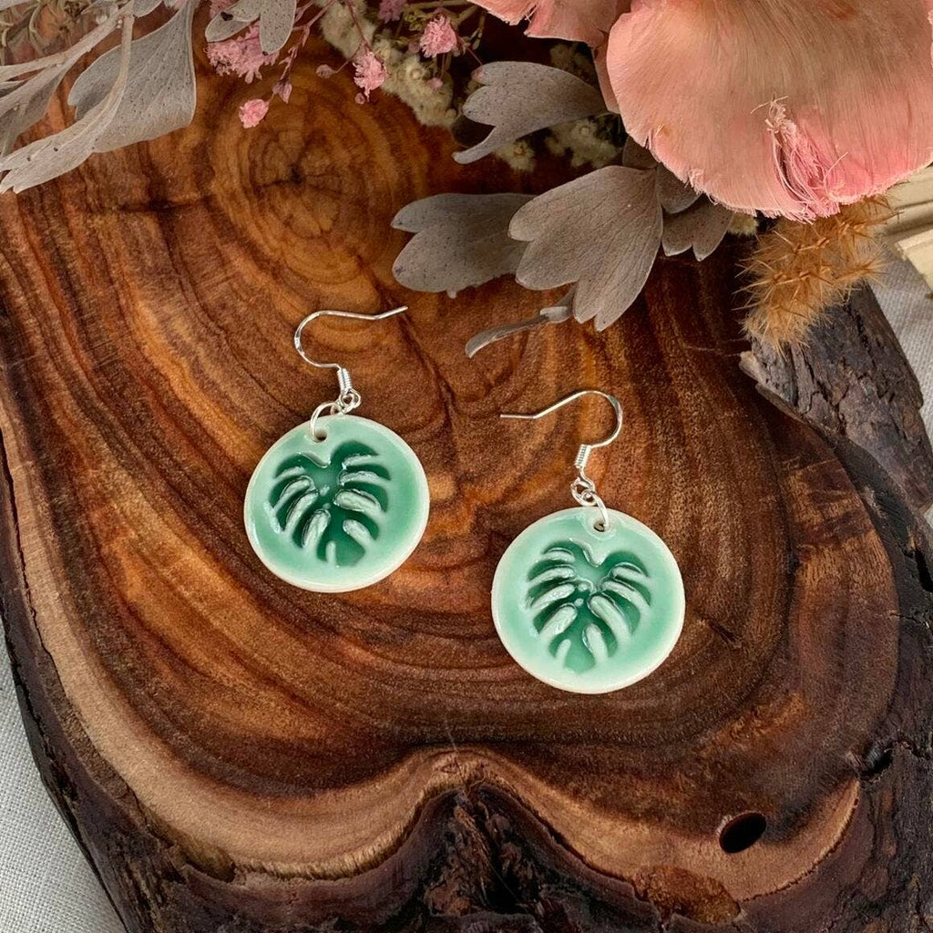 Porcelain Dangle Earrings - Monstera - Wolf and Clay